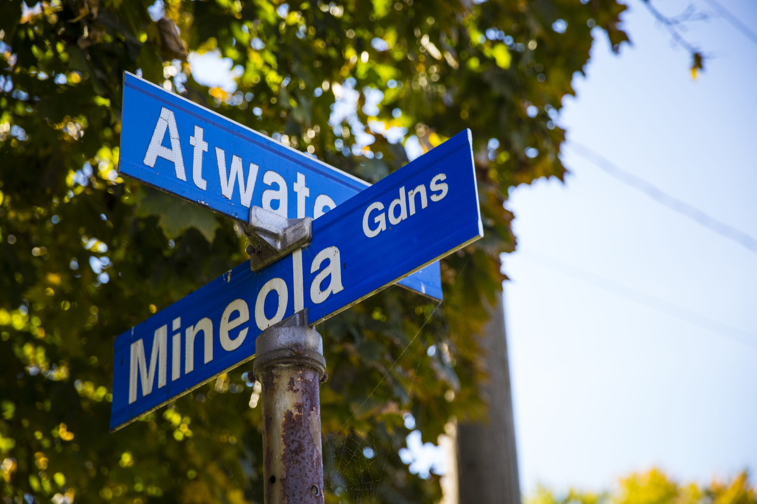 Street sign at Mineola Gardens and Atwater Avenue in Mineola, Mississauga