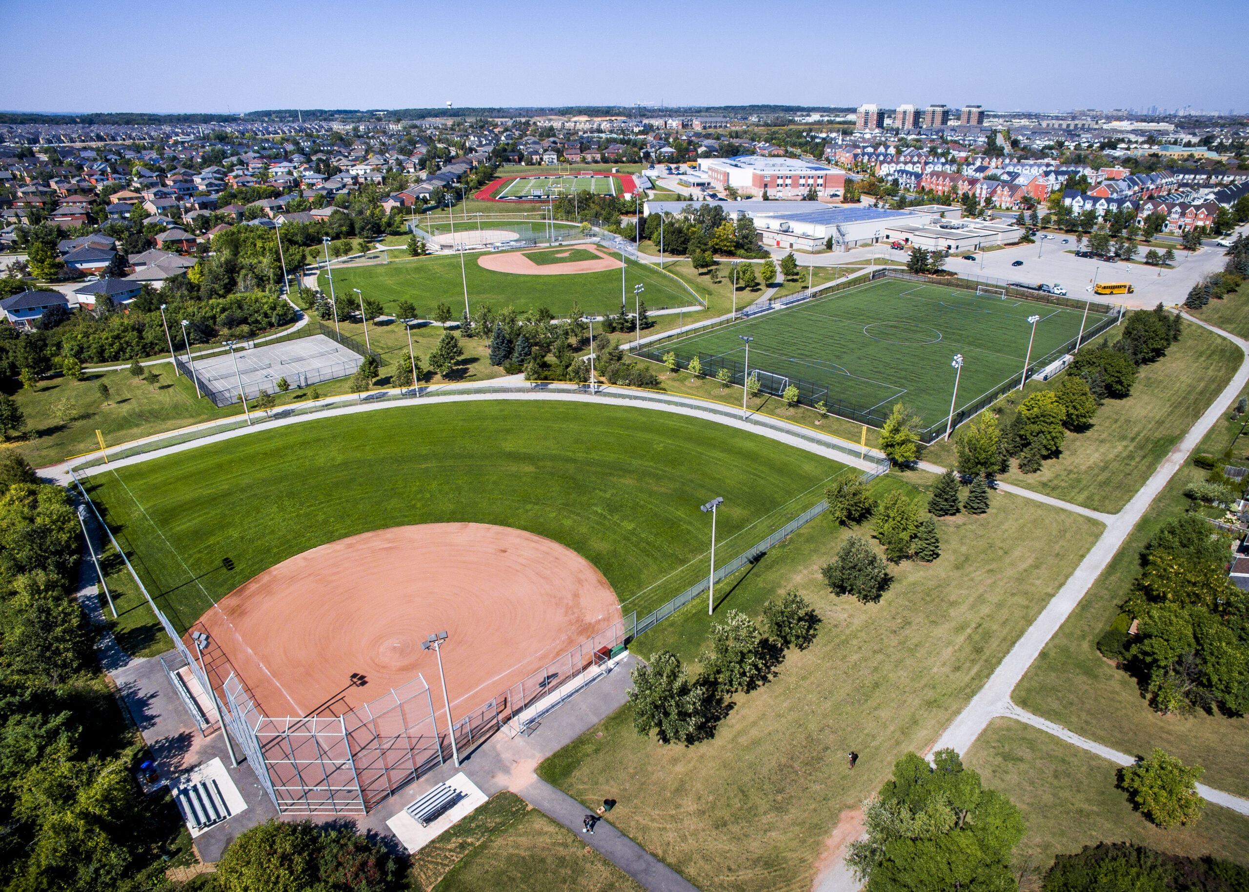 Aerial view of sports fields near Uptown Core Oakville