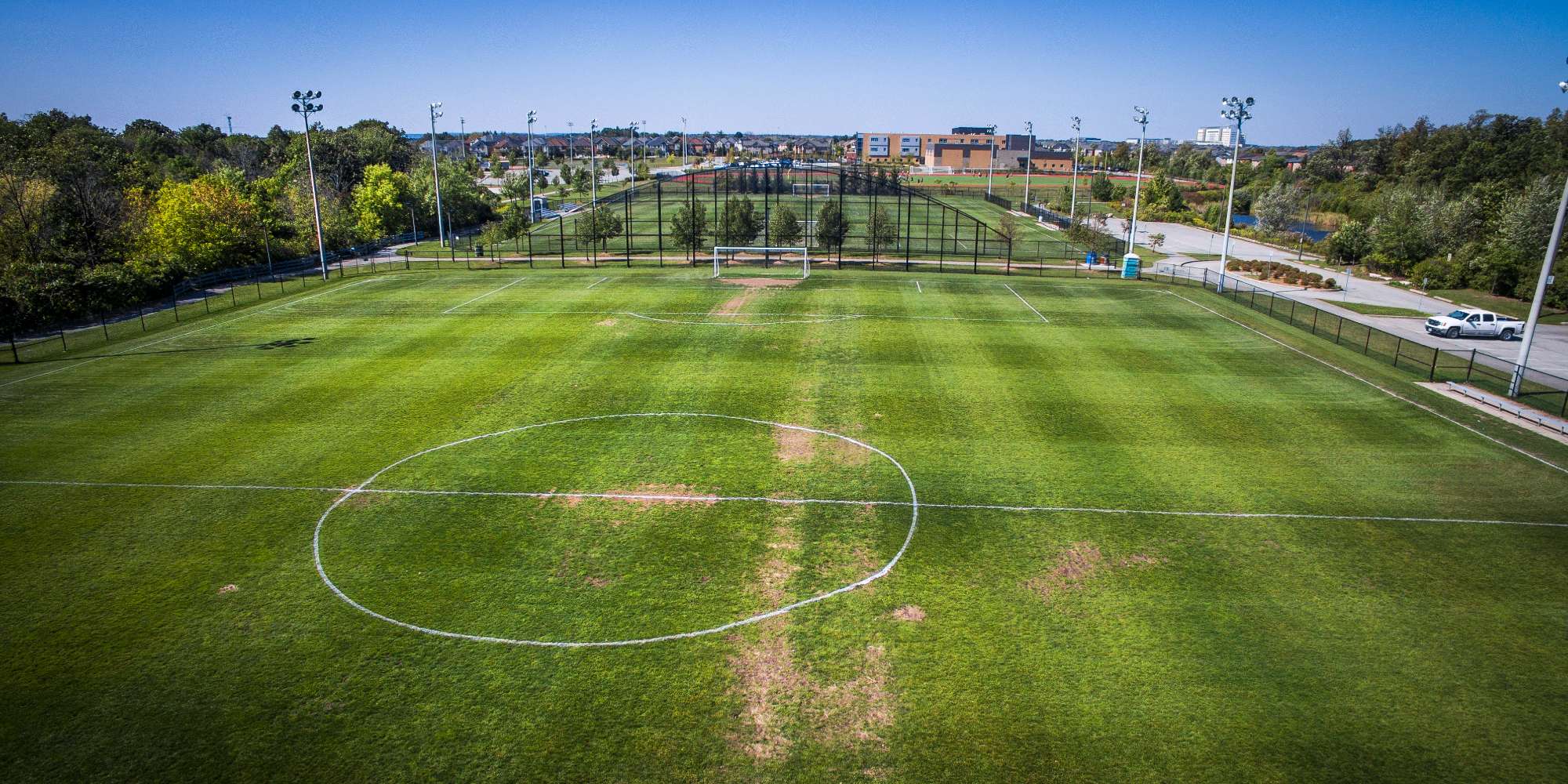 Aerial view of sports fields in West Oak Trails, Oakville