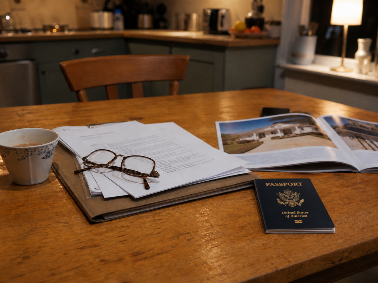 American passport, documents, and reading glasses on a table, representing a non-resident selling Canadian property