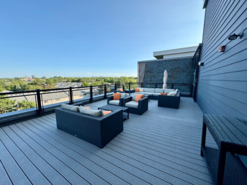 Rooftop terrace with lounge seating, Windows on the Green, Erin Mills, Mississauga
