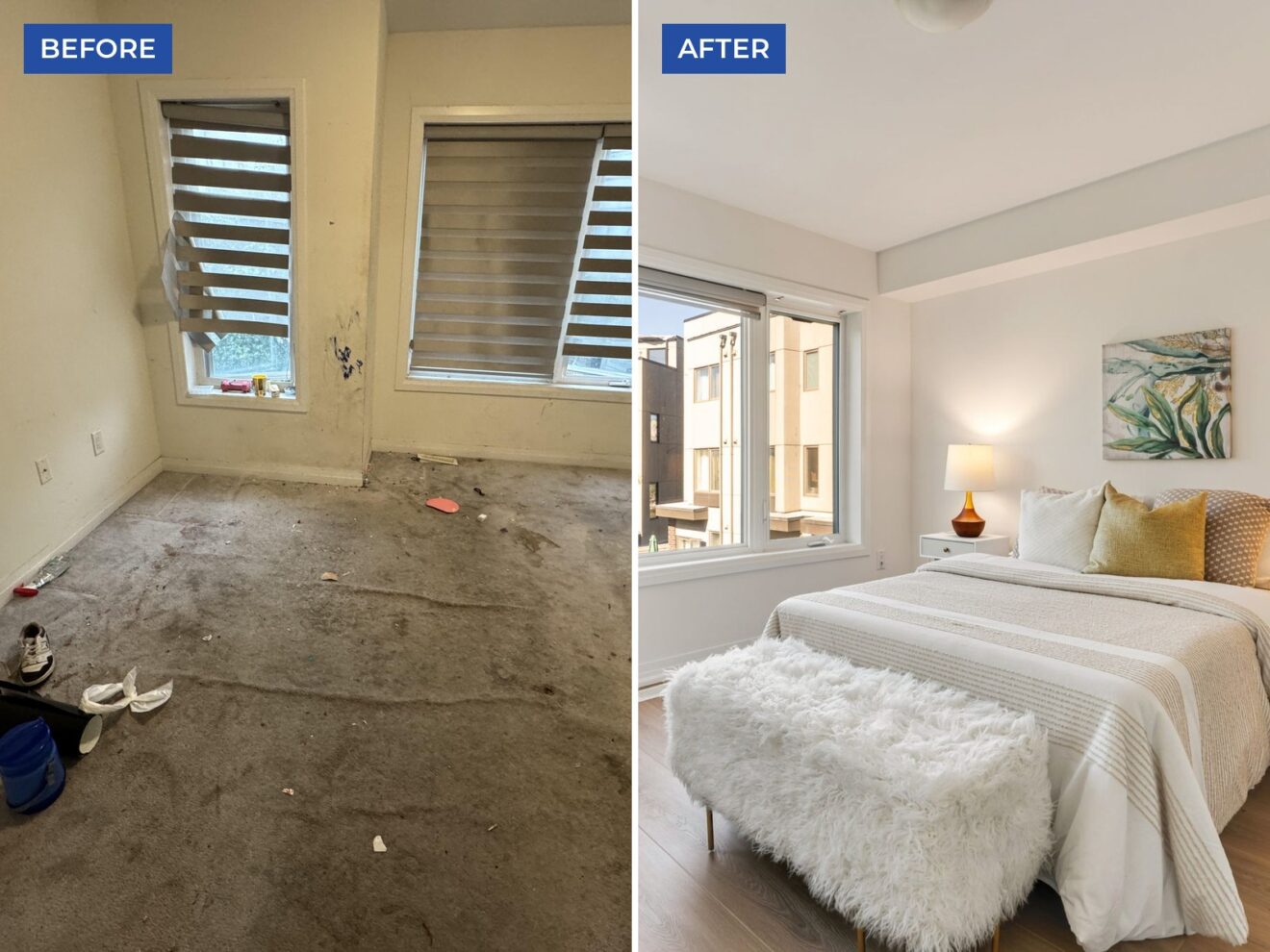 Bedroom of a rental property with worn carpet when the keys came back, and the same room finished and staged for selling from out of province