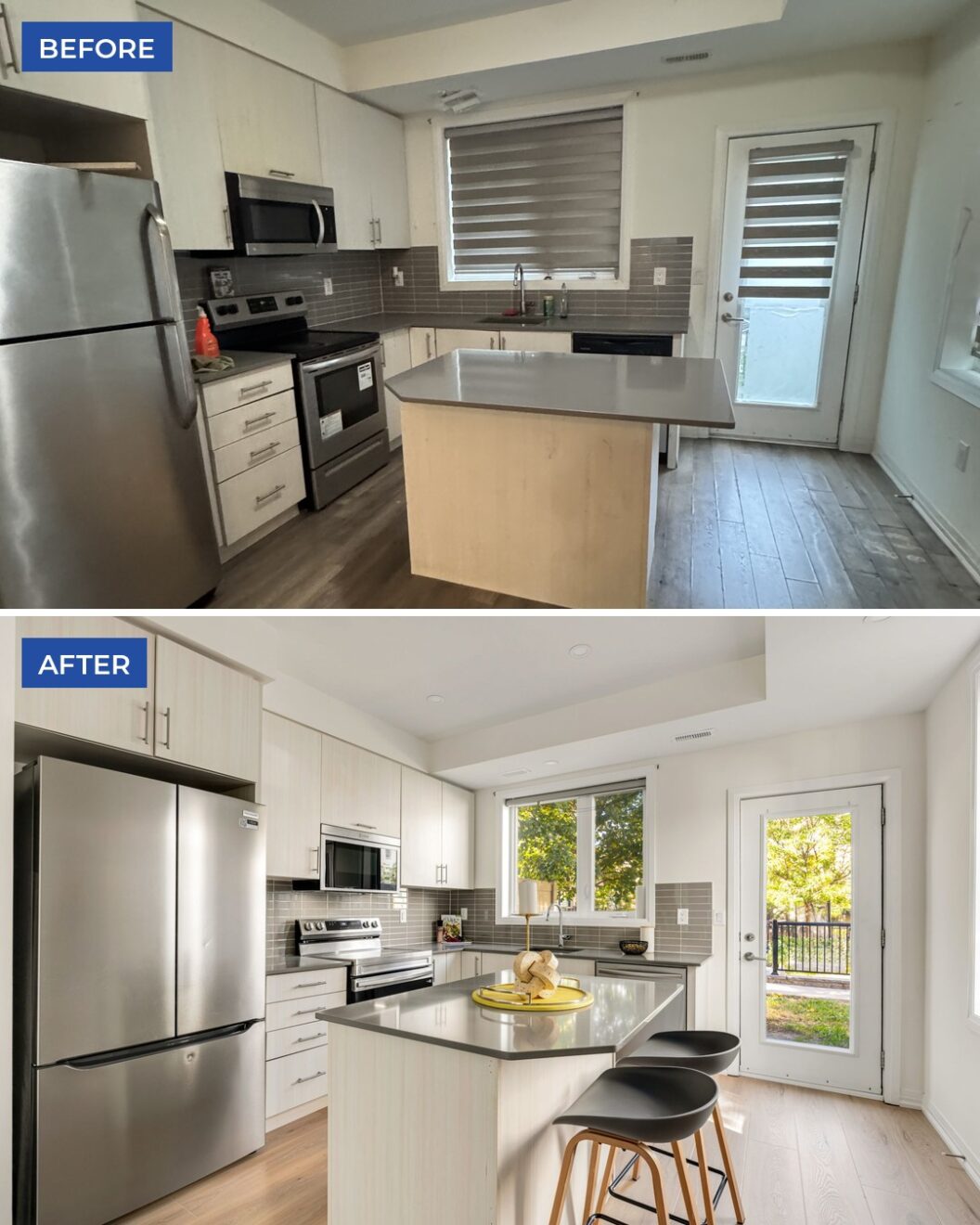 Kitchen of a rental property before and after it was prepared for selling from out of province