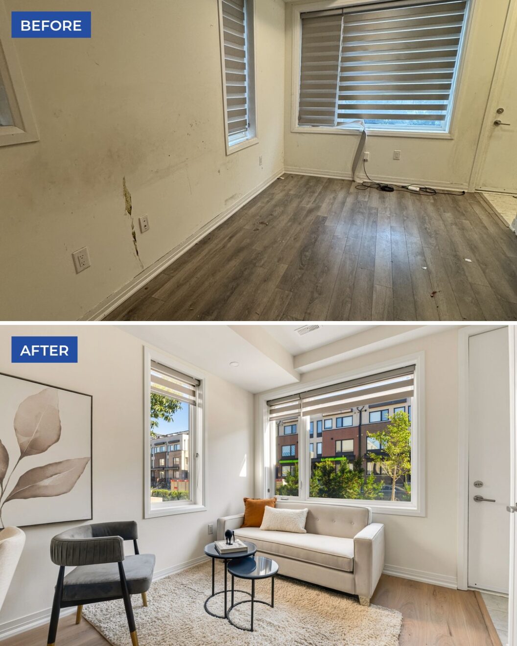 Living room of a rental property before and after new vinyl flooring, paint and staging, ready for selling from out of province